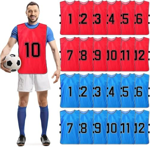 Lot de 24 gilets d'entraînement numérotés réversibles pour football, basket-ball, football (rouge et bleu), Rouge/bleu, 47 x 70 cm