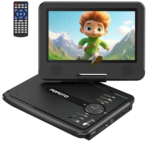POFOTO 9,5 Tragbarer DVD Player mit 7,5 HD-Schwenkbaren Bildschirm, 4-6 Stunden Wiederaufladbare Batterie, DVD Player Auto mit Dual-Lautsprechern, Autoladegerät, Netzteil, Sync TV/USB/SD-Karte