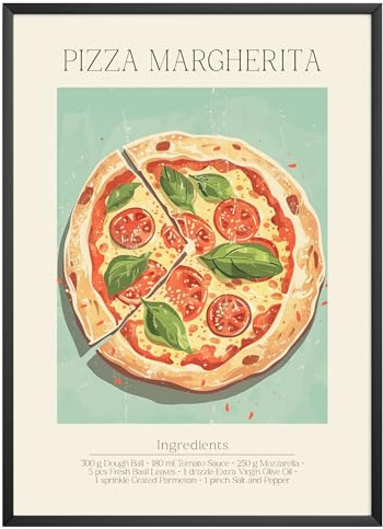 MJ-GRAPHICS - Poster Pizza - Bild mit Speisen Rezept & Zutaten - Wandbild Din A4 in Galerie Qualität mit extra dickem 300g Posterpapier - Retro Poster FineArt Kunstdruck ohne Bilderrahmen