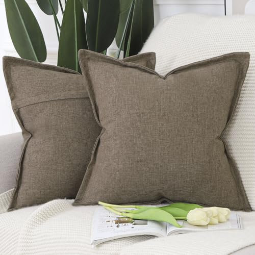 Madizz 2er Set Polyester Leinen Kissenbezügen mit breiter Kante Weiche dekorative Kissenbezüge für Sofa Schlafzimmer Kissenhülle Braun 60x60 cm Quadrat