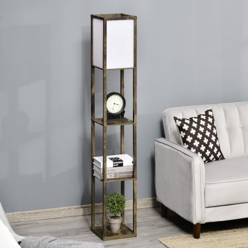 HOMCOM Lampada da Terra Piantana 40W con 3 Scaffale 26x26x160cm Color Legno | Attacco E27, Lampada da Pavimento Moderno con Paralume in Plastica, Soggiorno, Salotto, Camera da Letto, Ufficio