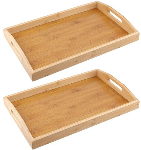 SEUNMUK 2 PCS 38 x 25 x 5cm Bamboo Serving Trays, Rectangle Bamboo Platter with Handle,Wooden Food Trays for Kitchen, Living Room, Coffee Shop, Restaurant