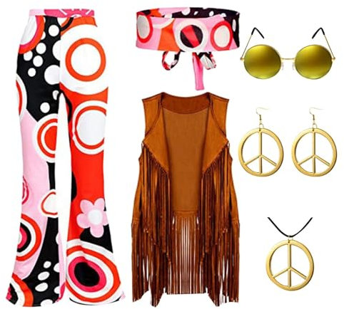 Hippie Kostüm Damen Set mit Fransenweste Schlaghose Damen 70er Hippie Accessoires Hippie Kleidung Damen Kostüm 70er Jahre Bekleidung Damen Disco Outfit Faschingskostüm Sonnenbrille, Friedenskette