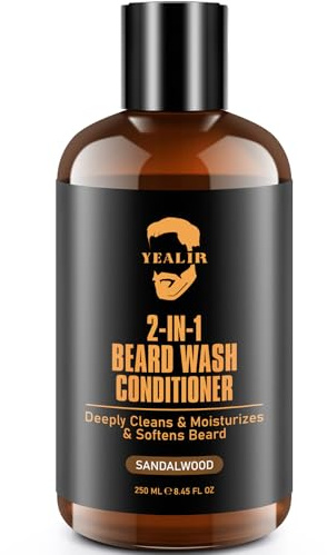 YEALIR 2-in-1 Beard Wash and Conditioner – Cleanse, Hydrate & Soften Dry, Coarse Beard, Beard Shampoo for a Fuller & Healthier Beard –Sandalwood Scent, 8.45 oz