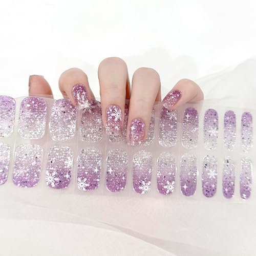 Purple Glitter Semi Cured Gel Nail Wraps, 22 Pcs Gel Nail Polish Strips for Christmas Manicure Set Winter Nail Wraps Soft Self-Adhesive Gel Nail Stickers (UV/LED Lamp Required) (200-Purple Snow)