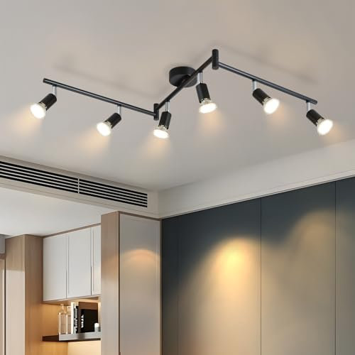 meoaow LED Deckenstrahler 6 Flammig Deckenlampe - 350° Schwenkbar Strahler GU10 Deckenleuchte Schwarz Küchenlampe Spots Innen Deckenspot für Wohnzimmer Küche Schlafzimmer Ohne Leuchtmittel