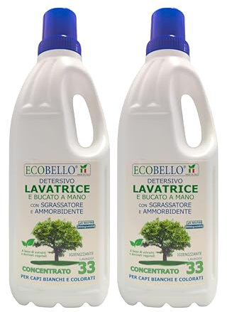 Ecobello Detersivo Eco Igienizzante Lavatrice e Bucato a Mano, con Sgrassatore e Ammorbidente, Ecologico Naturale, capi Bianchi e Colorati, Concentrato 33 lavaggi, 2 x 2L - Amami BEAUTY