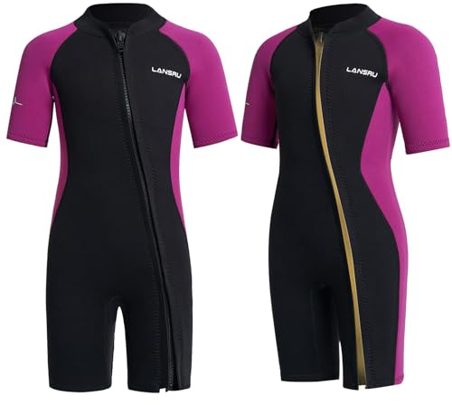 Lansru Combinaison en néoprène pour Enfant - Courte de 2,0 mm - pour garçon - Fermeture éclair sur Toute la Longueur - Protection UV - Combinaison Thermique pour Le Surf, la Natation et la plongée