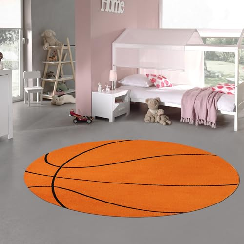 Teppich-Traum Kinderteppich Basketball Orange Schwarz Ø 160 cm | Pflegeleicht, strapazierfähig, weich und farbbeständig, hautsympathisch, OEKO-TEX geprüft, für Kinderzimmer