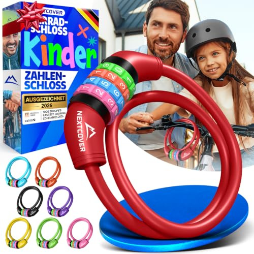 NEXTCOVER® Fahrradschloss Kinder mit 4-stelligem Zahlencode I Kinder Fahrradschloss - Ideal für Roller, Fahrrad & mehr I Zahlenschloss Fahrrad mit bunten Zahlen - Roller Schloss Extra robust & sicher