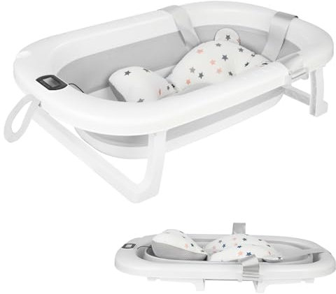 OHMG Babybadewanne, faltbar, Babybadewanne mit Digital-Thermometer, Badewannenkissen, zusammenklappbar, kompakt, tragbar, ideales Geschenk für Neugeborene