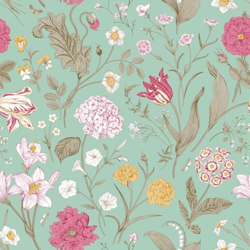 ReWallpaper Papier Peint Vert Clair Rouleau Adhesif pour Meuble Fleuri Rose 44.5CMx3M Papier Peint Vintage Fleurs Vert Feuilles Adhesif Mural Decoratif Chambre Fille Buanderie Amovible