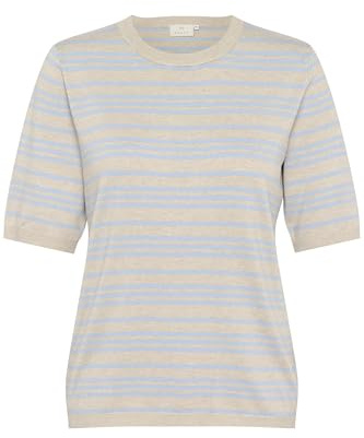 KAFFE Women's Pullover Crew Neck Short Sleeves Regular Fit Horizontal Stripes, Soft Chambray/Featherg Gestreift, XL