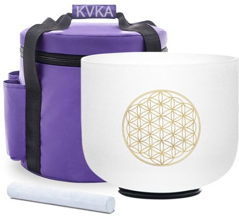 KVKA 528HZ 20cm Crystal Singing Bowls, 8 inch C note Flower of Life Frosted Quartz Sound Bowls for Sound Healing and Therapy Meditation with Travel Carry Case Bag