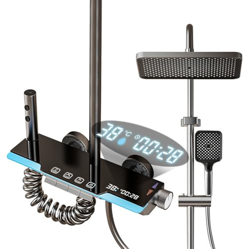 Système de douche avec thermostat, Colonne de Douche, Pommeau de Douche carré, 4 types de jets, Réglable en Hauteur, avec Affichage Numérique LED, Montage mural, douche à effet pluie avec robinet (B)