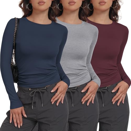 miijoory 3 Pack Womens Long Sleeve T Shirts Crew Neck Basic Skim Fitted Y2K Tops Crop Top Casual Going Out Fashion Stretchy Clothes(L, Dark Red,Navy,Light Gray)