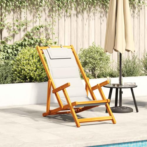 SDWEHO7 Klappbar Strandstuhl mit Armlehnen, Sonnenliege mit Verstellbarer Rückenlehne für Am Pool, Balkon, Terrasse, 61,5 x (110/116/123) x (96/90/82,5) cm Hellgrau Akazie Textilene