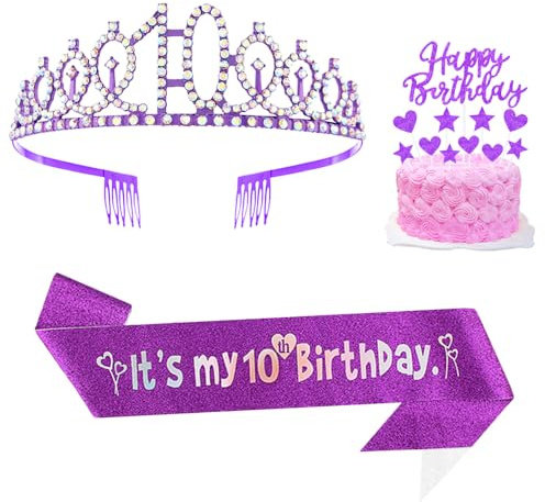 10.Geburtstagskrone und Schärpe,Lila Geburtstag Kristall Tiara Krone Schärpe Set,Cake Topper,Mädchen Lila Birthday Crown Schultergurt,10.Mädchen Geburtstag Party Accessoires Birthday Geschenke