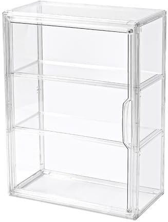 3 Tier Display Case for Collectibles,Clear Display Box with 2 Movable Plates ,Storage Container with Magnetic Door (Large 1 Pack)