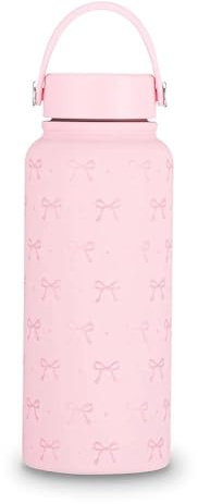 Pink Bow Water Bottle 1L (32oz), Stainless Steel Insulated Water Bottle, Pink Bow Thermos for Women Girls Daily Drink, School, Work, Gym, Travel
