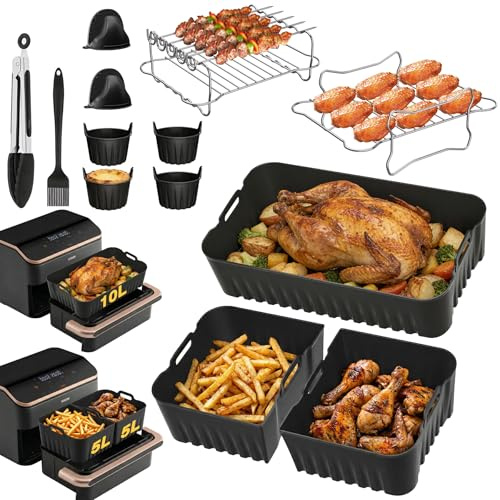 Heißluftfritteuse Zubehör für Cosori Dual Blaze Twinfry 10L, Airfryer Zubehör für Cosori 2 Kammern,Inklusive 2 x 5L+10L Silikonform,Grillrost,Muffinförmchen,Zange,4 x Muffinform,Backhandschuh