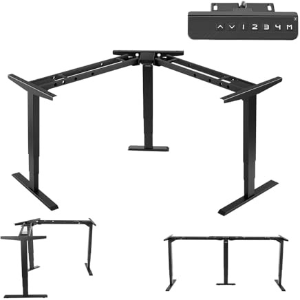 VEVOR Cadre Bureau d'angle Assis Debout à 3 Pieds, Pied Bureau Assis Debout Électrique 3 Moteurs, Réglable en Hauteur 60-125 cm, Charge Max. 125 kg pour Maison et Poste de Travail, 4 Mémoires, Noir