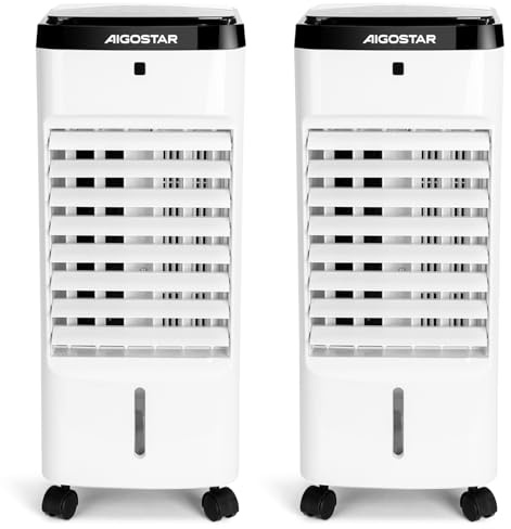 Aigostar Climatizador Evaporativo 4 en 1, con Mando a Distancia, 3 Modos y 3 Velocidades, Climatizador Portatil con Ventilador Humidificador Purificador, Temporizador 12 Horas, 3.5 L, 2 Unidades