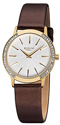 Regent Damen-Armbanduhr Elegant Analog Leder-Armband braun Quarz-Uhr Ziffernblatt silber URF1078