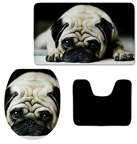 Coloranimal 3-teiliges Badezimmerteppich-Set mit süßem Mops-Aufdruck, WC-Vorleger + WC-Deckelbezug + Badematte