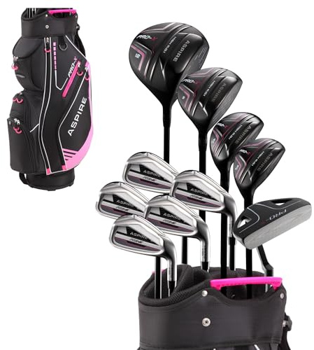 aspire Pro-x Damen Komplett Rechtshänder Golfschläger Set Titan F Treiber, 3 Fairway Holz, 4–5-Hybriden, Eisenschläger 7-SW Eisen, Putter, Cartbag, 4 H/C 's, Rose, Petite Size -1
