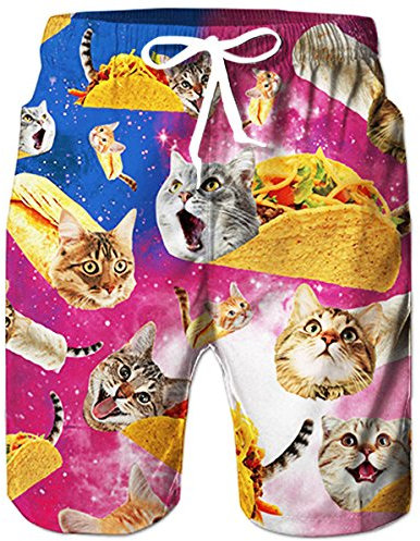 TUONROAD Short de Bain Homme Pizza Chat Imprimé en 3D Maillot de Bain Séchage Rapide Swim Shorts Ceinture élastique et Cordon de Serrage réglable avec Doublure en Mesh Shorts de Plage Surf - M