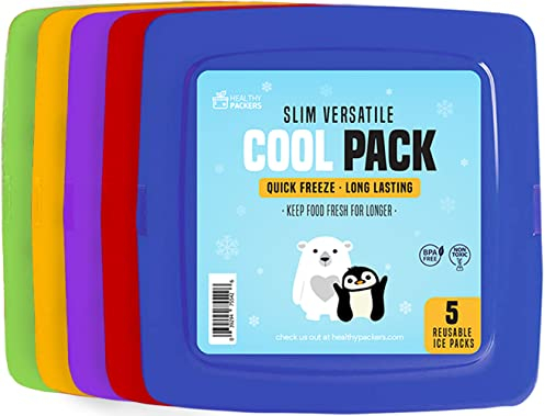 Healthy Packers Cool Pack, Slim Ice Pack for Lunch Box - Quick Freeze and Long-Lasting - Freezer Cold Packs for Cooler Bag and Lunch Boxes - (5 Pack Multi Color)