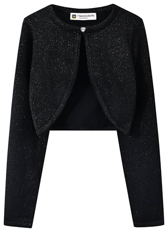 BlackButterfly Girls Sparkle Knit Bolero | No Loose Glitter, Open Front, Long Sleeves, Heart Button, Metallic Thread Detail, Ages 3-14