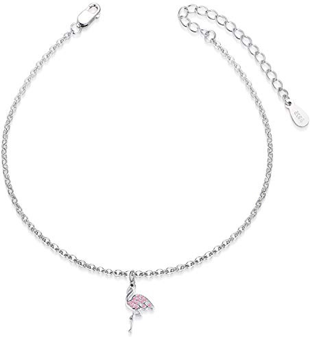 KINGWHYTE 925 Silber Flamingo Fußkettchen für Damen, verstellbar 9+2 Zoll | Rosa Zirkonia Flamingo Anhänger Fußkettchen, Silber Fußschmuck Geschenk zum Geburtstag für Frauen, Ehefrau, Freundin, Tochter