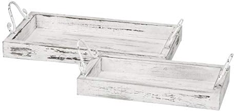 dekoratives Tablett als 2-er Set rechteckig im Vintage Landhaus-Stil Holz mit Metallgriffen Shabby weiß