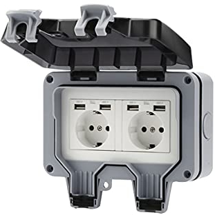 Enchufe exterior con USB, enchufe de pared para exteriores, resistente al agua IP66, resistente al polvo, protección de contacto impermeable, enchufe exterior con tapa abatible