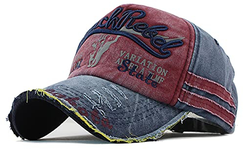 YULOONG Vintage Baumwolle Baseball Cap Fashion Washed Denim Retro Ausgefranste Kante Sonnenhut Bestickter Trucker Hut Klassische Sport Casual Cap Einstellbare Größe für Männer Frauen (A-Rot)