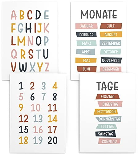 Papierschmiede® Kinderposter 4er Set Lernposter, DIN A2 Wanddeko, Geschenk für Mädchen & Jungen Kinderzimmer, bunte Buchstaben Zahlen Kalender Wochentage, ABC Tage Monate