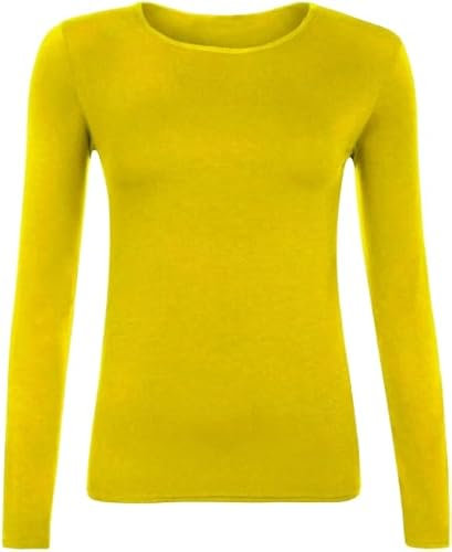 New Ladies Long Sleeve Round Neck Plain Basic Women's Stretch T-Shirt (Yellow, 10)