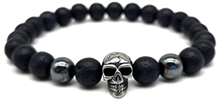 Nahle | Edelstahl Totenkopf Armband | Lavastein Hämatit Skull | handgemachtes Perlenarmband | mit edler Schmuckschachtel (19, Herrenarmband)