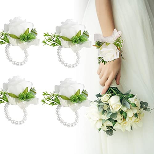 Lot de 4 bracelets de corsage en forme de rose, boutonnières de mariage, bracelets de demoiselle d'honneur, sœurs, fleurs artificielles pour mariage, fête, bal de fin d'année