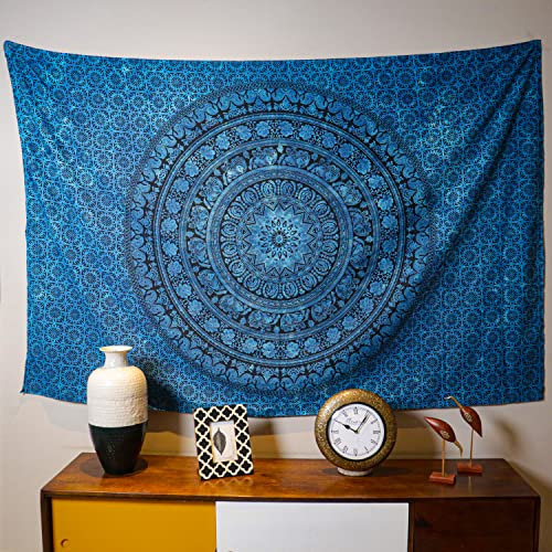 Craft Trade Mandala Blau Wandteppich Indische Wandtuch Tapestry Wandbehang Boho Wandteppiche für Heimdeko Wohnzimmer und Schlafzimmer - 137 x 213 cm