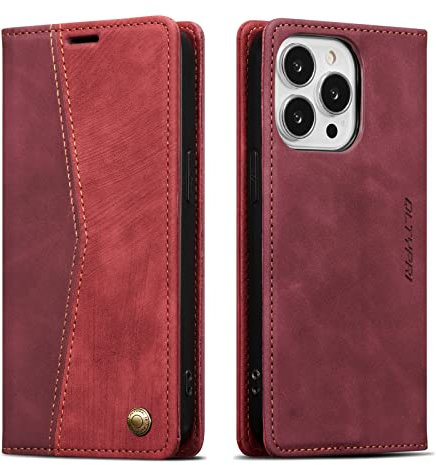 QLTYPRI Wallet Case for iPhone 13 Pro Max, Vintage PU Leather Folio Case with Card Slots Kickstand Magnetic Closure Shockproof Flip Phone Cover for iPhone 13 Pro Max - Wine Red