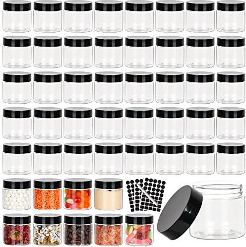50 transparente runde Kunststoffgläser mit schwarzem Deckel, 60 ml, auslaufsicher, breite Öffnung, für Küche, Beauty-Produkte, Creme, Peeling, Badesalz und mehr