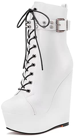 Castamere Donna Alto High Zeppa Piattaforma Tacco Heel Rotonda Punta Stivaletti Lacci Cerniera Stivali Bianco 36 EU
