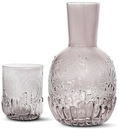 elle decor 2 Pc Carafe Set | Bedside Night Water Carafe | Glass Pitcher and Cup that Doubles as a Lid | Glass Tumbler Perfect for Storing Water, Juice, and Other Drinks on Desktop/Shelf (Gray)