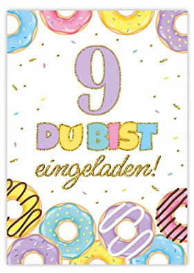 Minkocards 12 Einladungskarten zum neunten Kindergeburtstag 9. Geburtstag Mädchen Donuts Einladungen zum Geburtstag Kinder bunte Geburtstagseinladungen