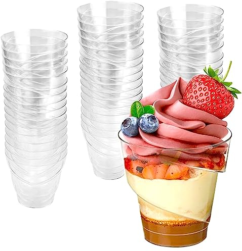 LATERN 50 Piezas Tazas de Postre de Plástico, 160ml Vasos de Postre Redondas en Espiral Copa de Aperitivo de Parfait Transparente Tazón para Servir Reutilizable para Mousse Pudín Fiesta (7 x 7cm)
