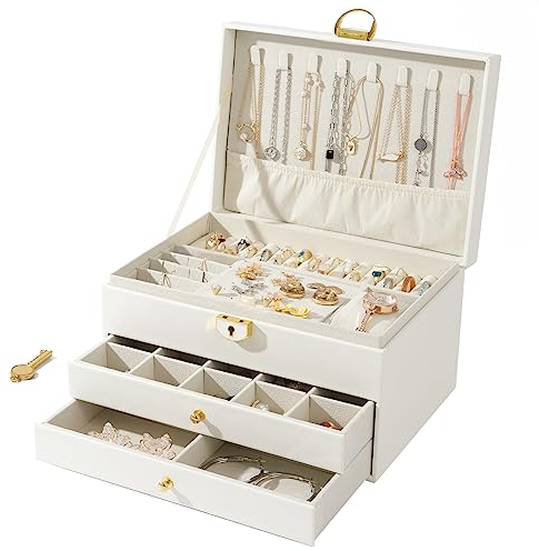 WAREHOUSE Schmuckaufbewahrung, 3-Lagige Abnehmbare Schmuckkästchen, zur Aufbewahrung von Schmuck, Ringen, Ohrringen, Armbändern und Halsketten, Wasserdichte Leder Schmuckkasten (Weiß)