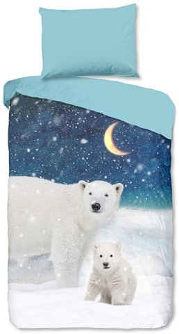 Traumschloss Flanell-Bettwäsche-Set »Polar«, Eisbären im Schnee bei Nacht, 135x200 & 80x80, 100% Baumwolle, wärmend & kuschelig, Kinderbettwäsche-Set mit Reißverschluss, Kissen und Bettbezug